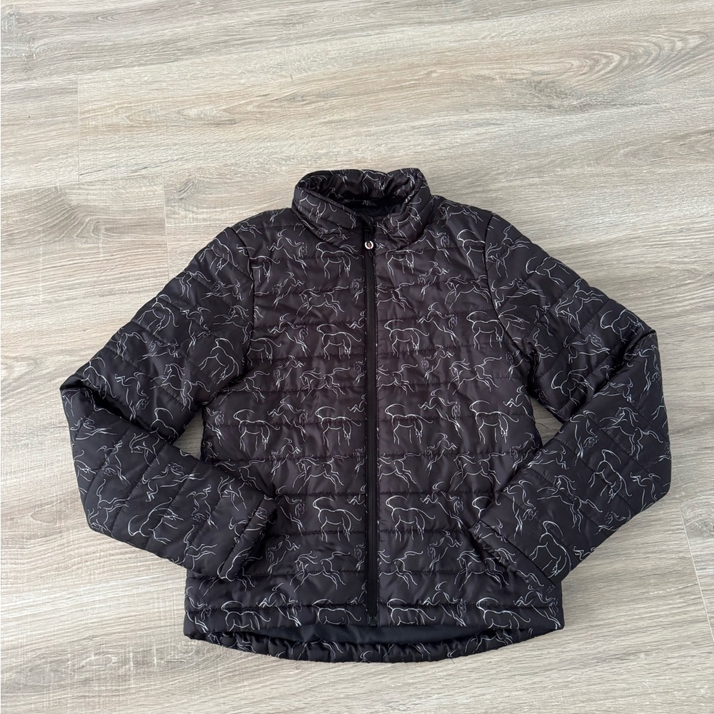 Kerrits Black Quilted Jacket with Subtle Dancing Horses Print.  Kids XL. EUC